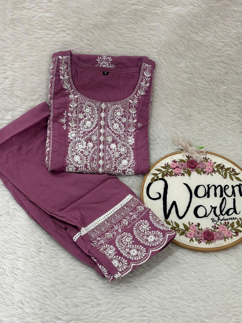 Mauve chikankari kurtipant suit