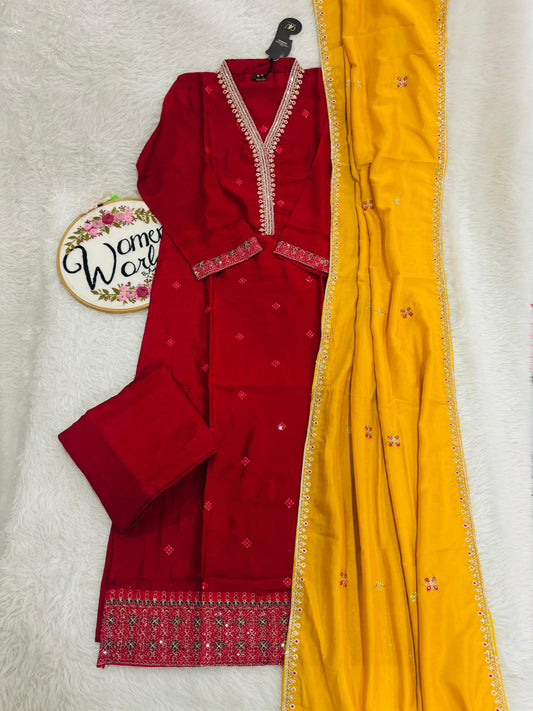 Partywear romansilk pink yellow contrast suit