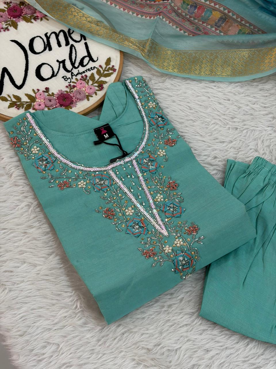 Pastel blue handwork maggam work suit