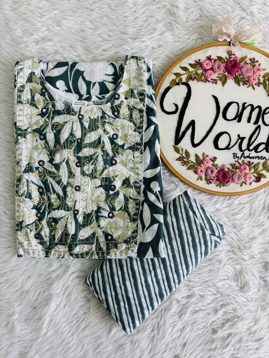 Embroidered cotton kurti pant set