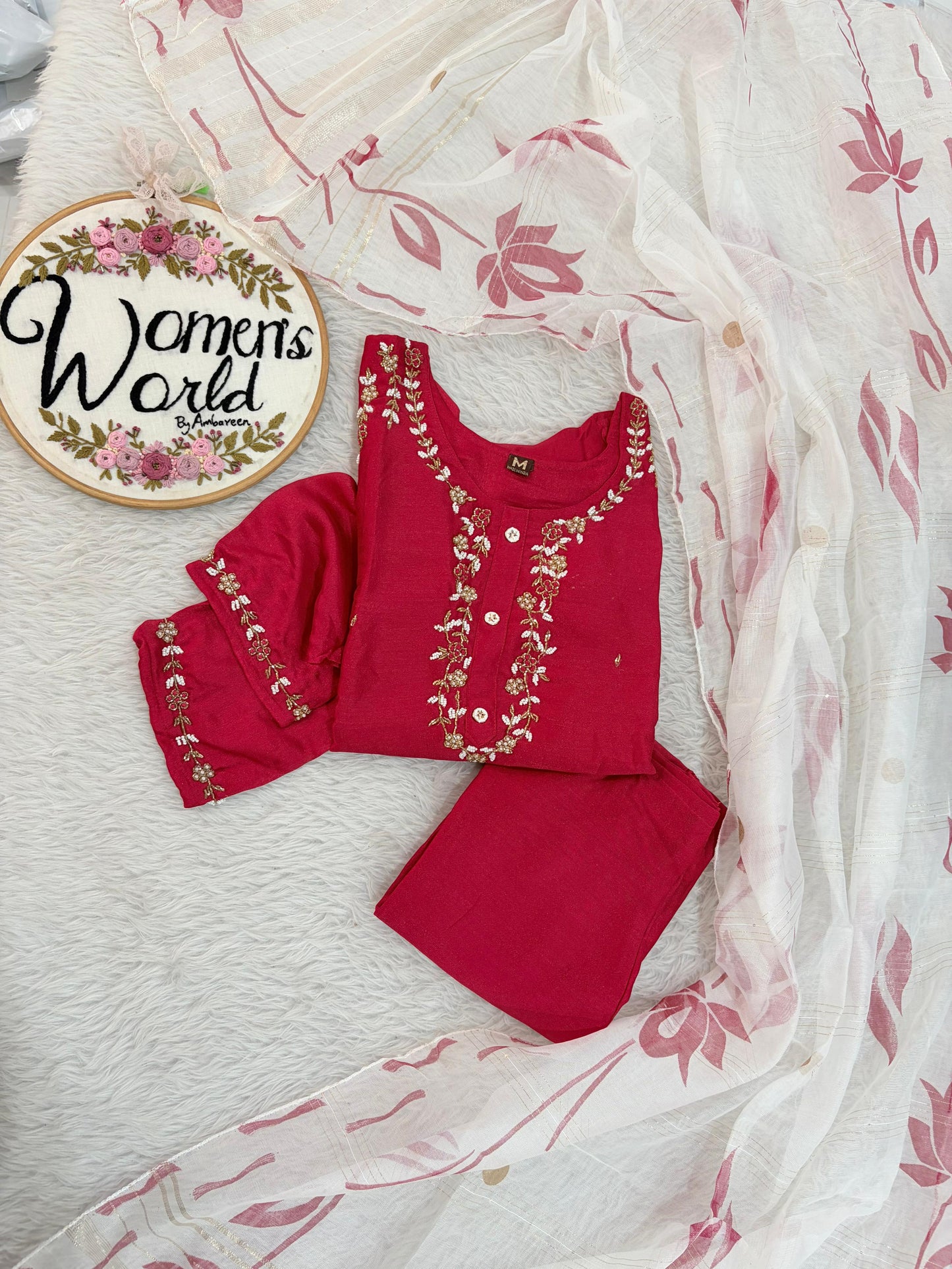 Handwork cherry red suit with brush paint dupatta