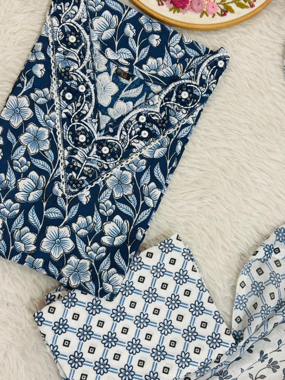 Kalamkari floral indigo Embroidered Pure cotton 3 pc suit
