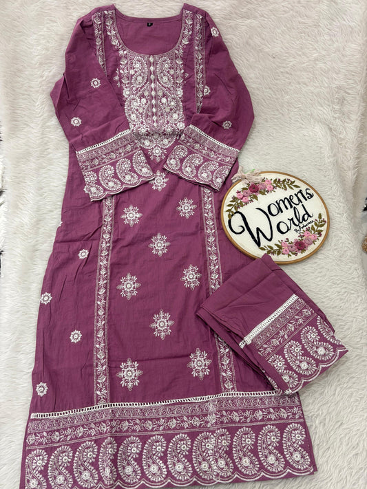 Mauve chikankari kurtipant suit