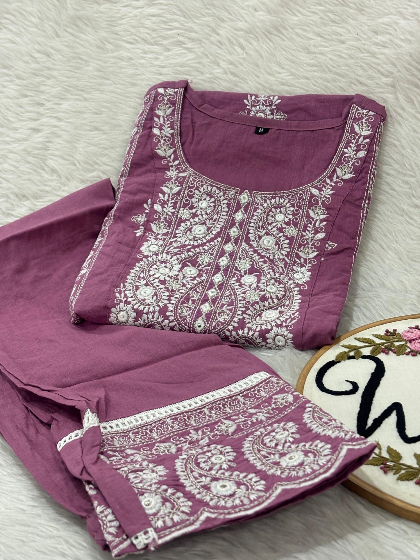 Mauve chikankari kurtipant suit
