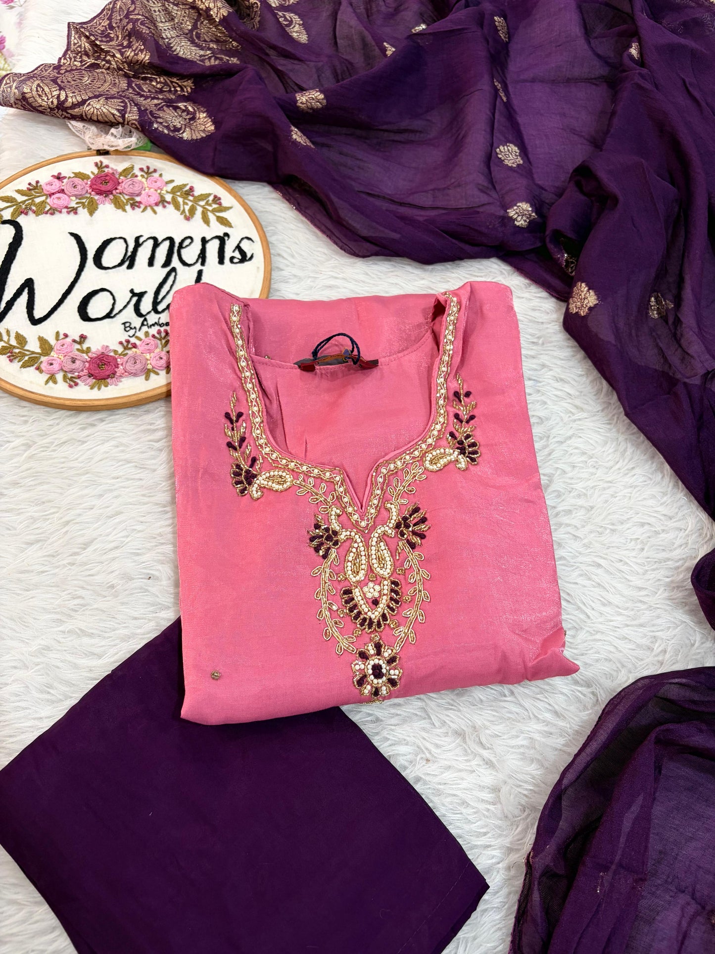 Pastel pink handwork suit with contrast banarasi dupatta