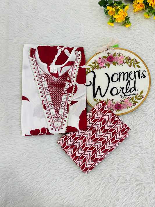 Embroidered cotton kurti pant set