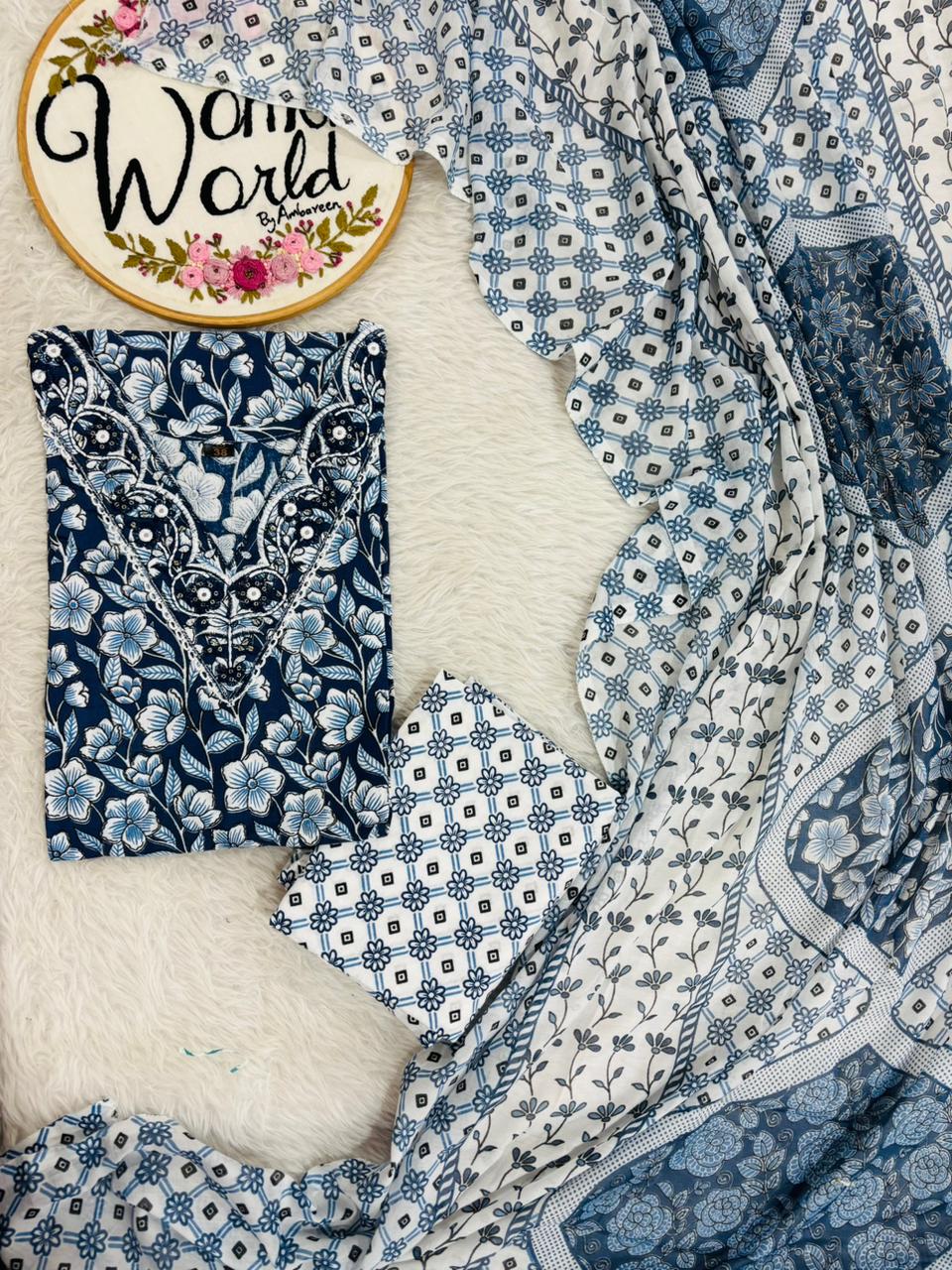 Kalamkari floral indigo Embroidered Pure cotton 3 pc suit