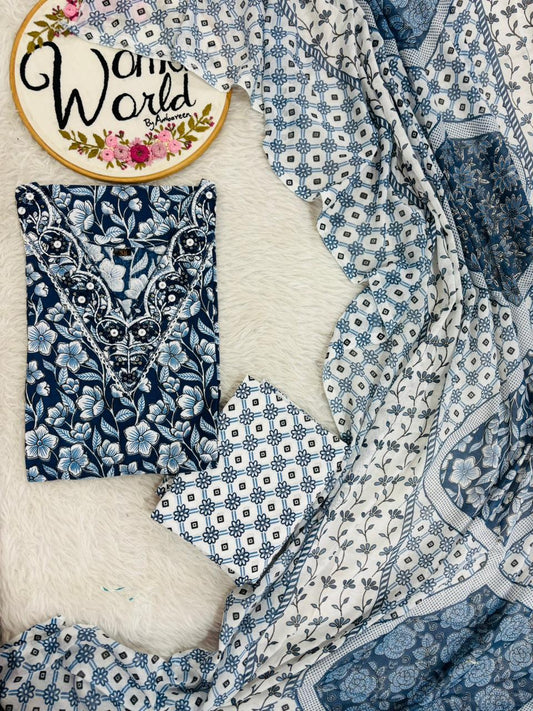 Kalamkari floral indigo Embroidered Pure cotton 3 pc suit