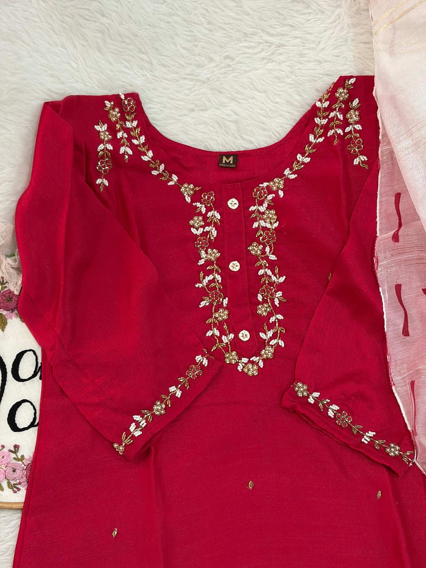 Handwork cherry red suit with brush paint dupatta