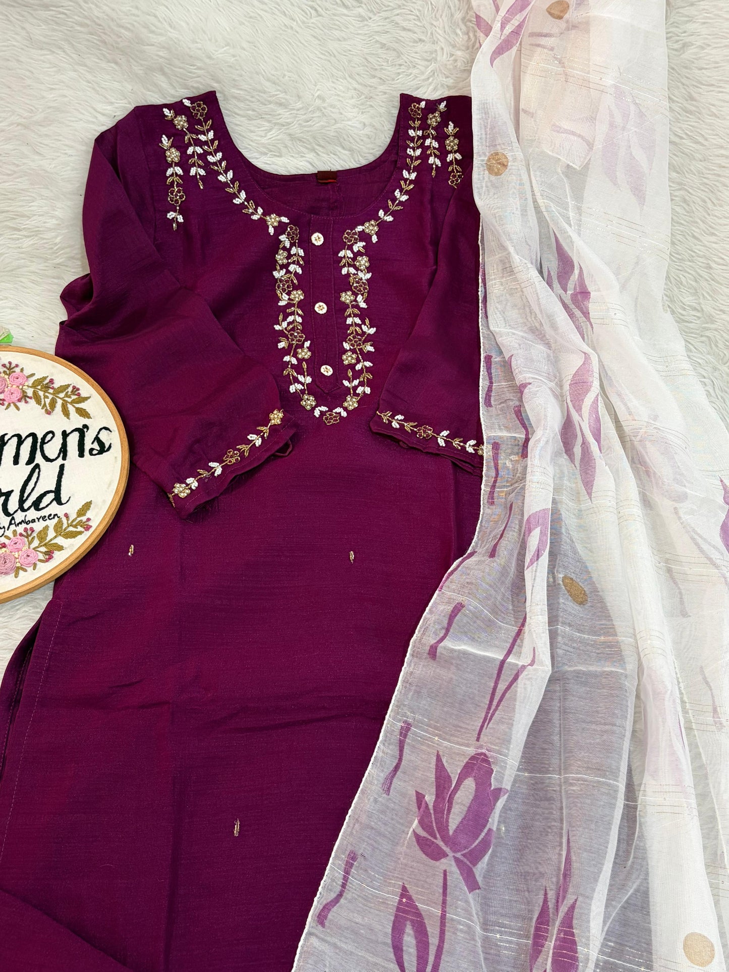 Handwork dark purple suit with brush paint dupatta