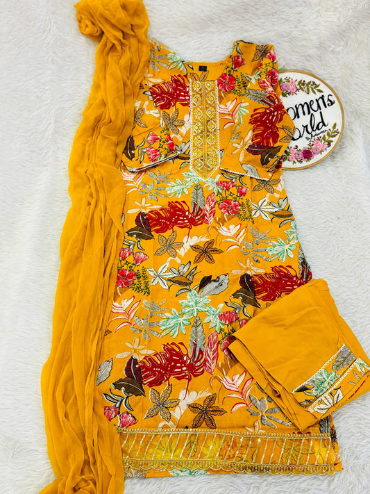 Floral embroidered yellow suit