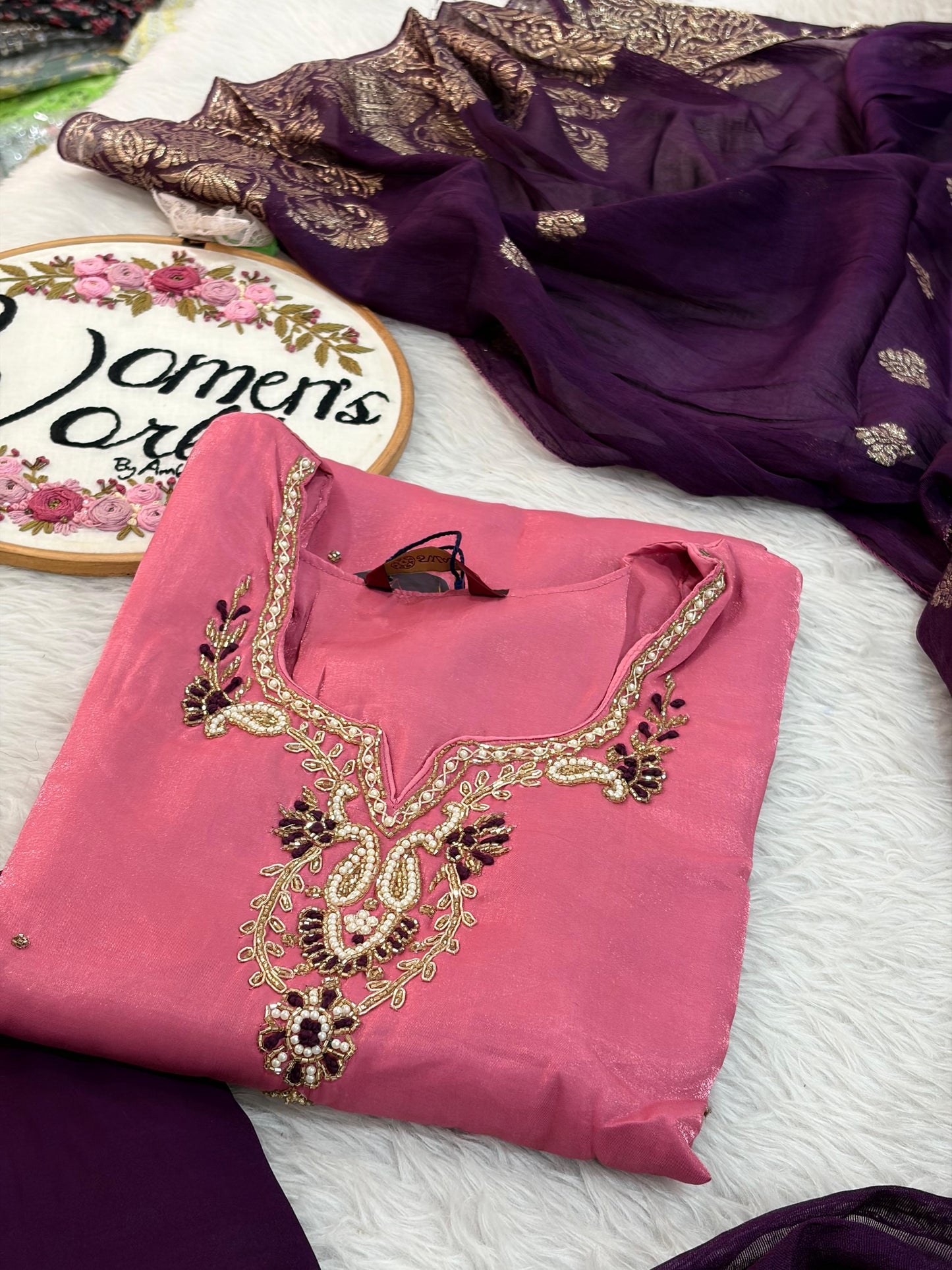 Pastel pink handwork suit with contrast banarasi dupatta