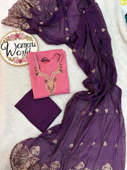 Pastel pink handwork suit with contrast banarasi dupatta
