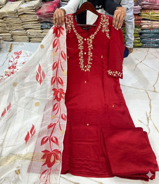 Handwork red suit with brush paint dupatta