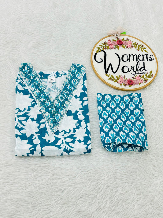 V neck embroidered cotton kurti pant set