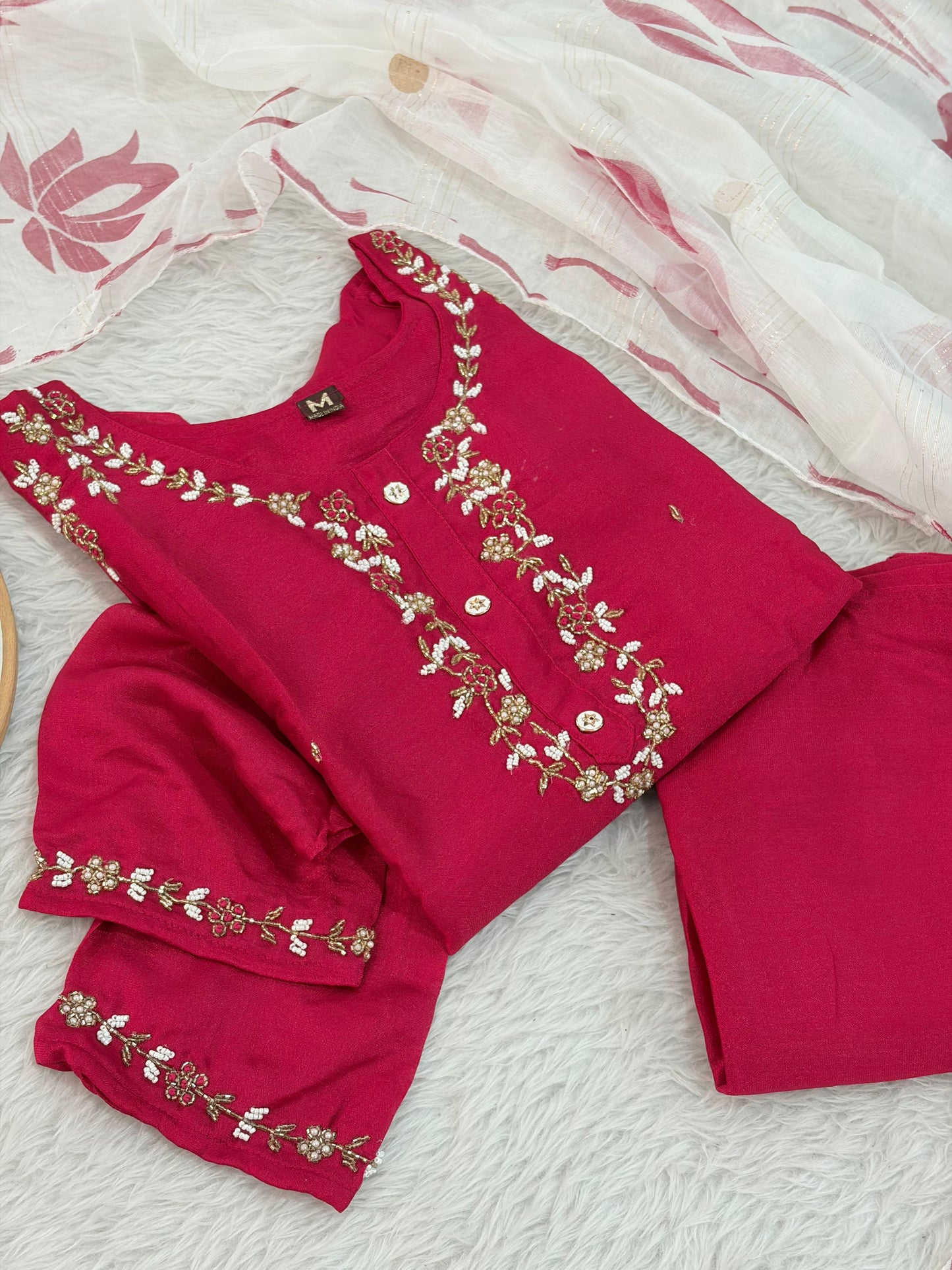 Handwork cherry red suit with brush paint dupatta
