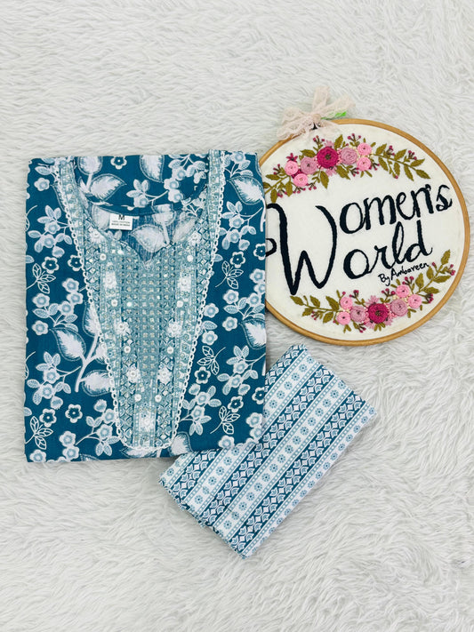 Embroidered cotton kurti pant set
