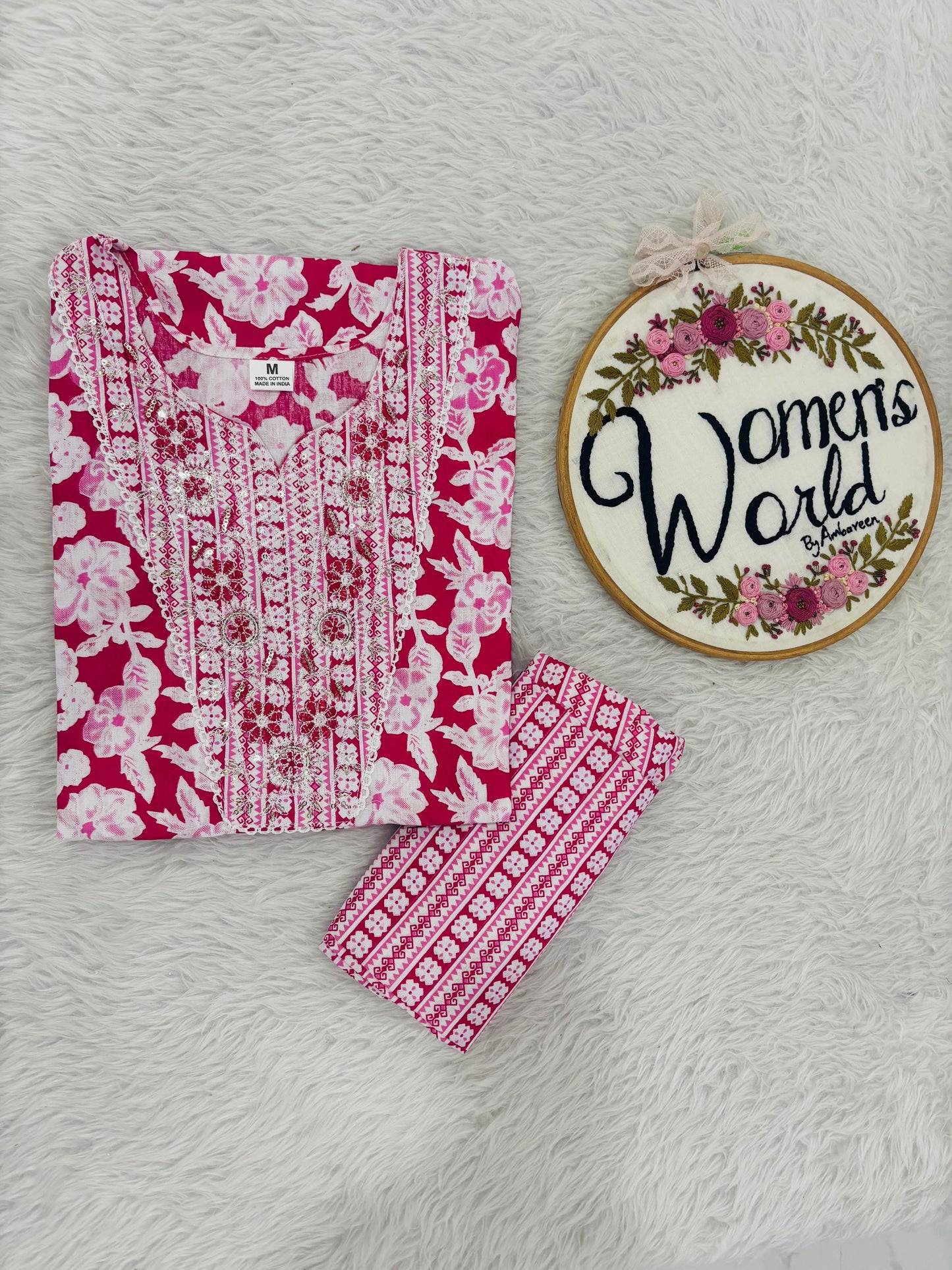 Embroidered cotton kurti pant set