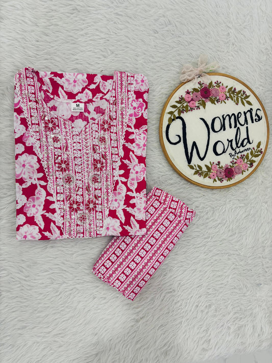 Embroidered cotton kurti pant set