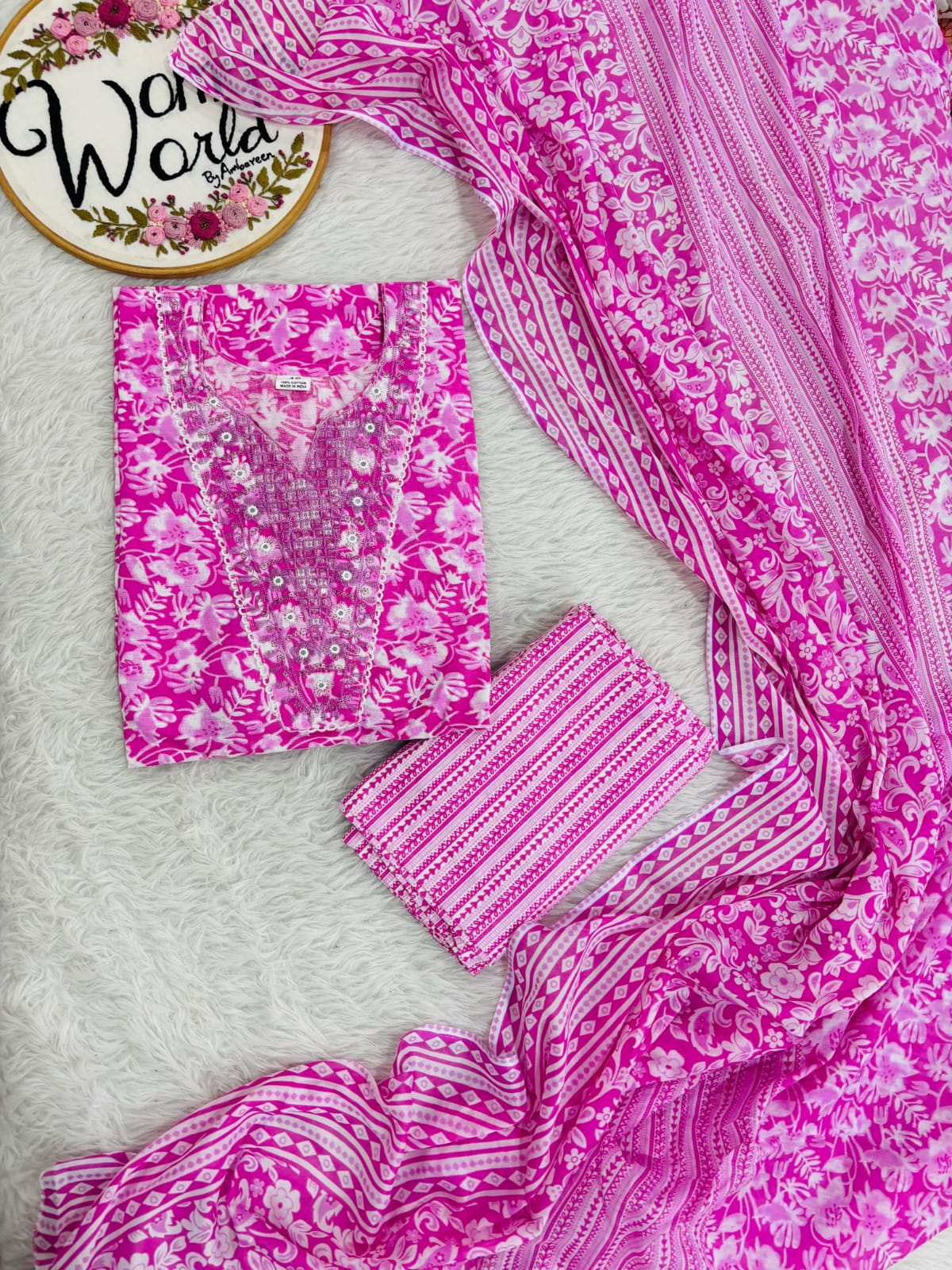 Bigsize purecotton embroidered 3 pc suit