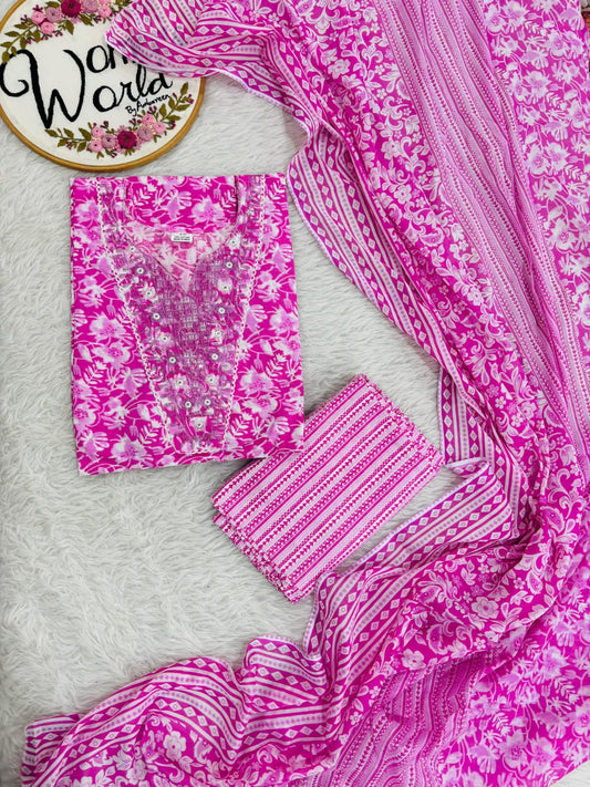 Bigsize purecotton embroidered 3 pc suit