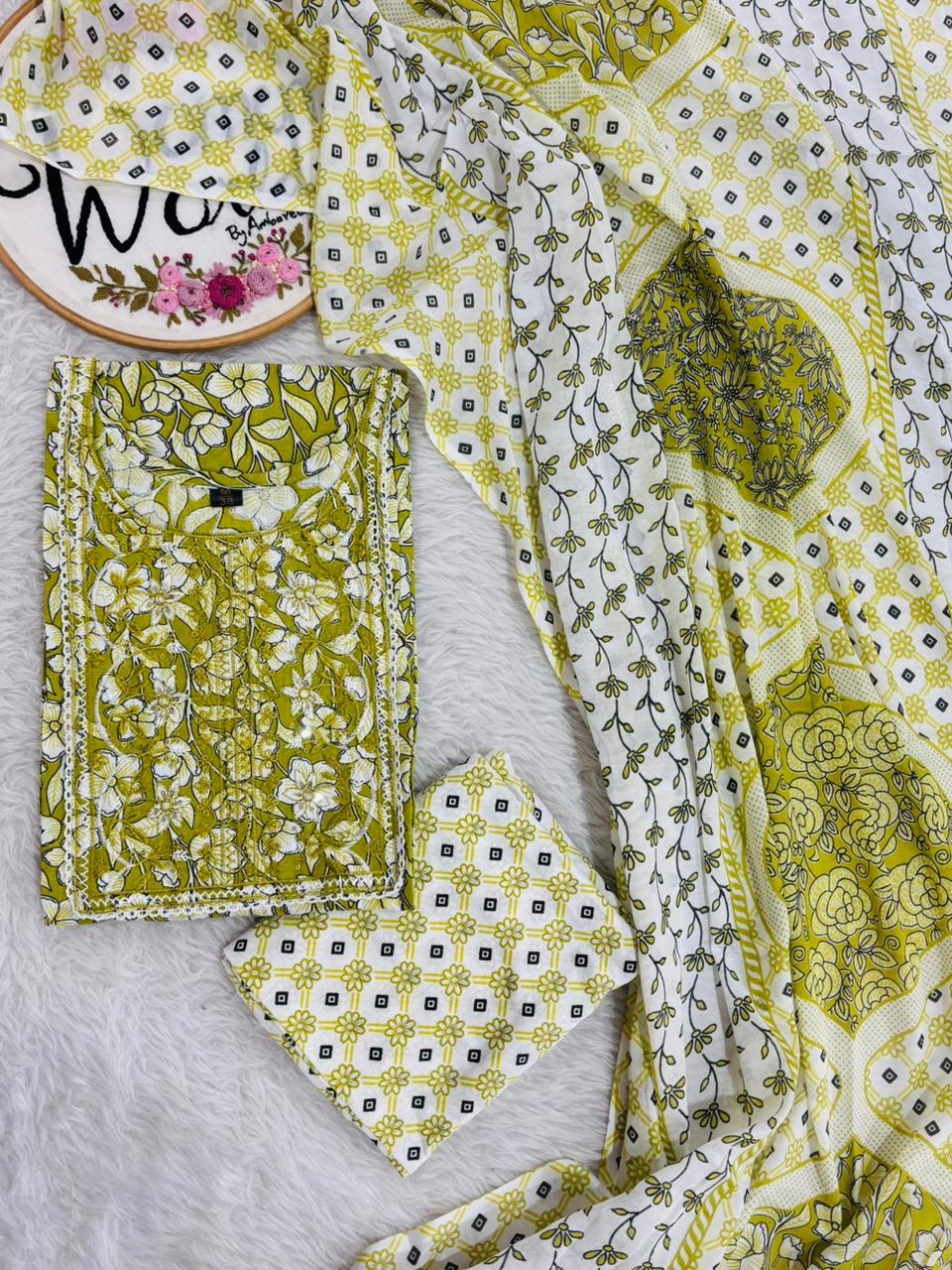 Kalamkari Embroidered Pure cotton 3 pc suit