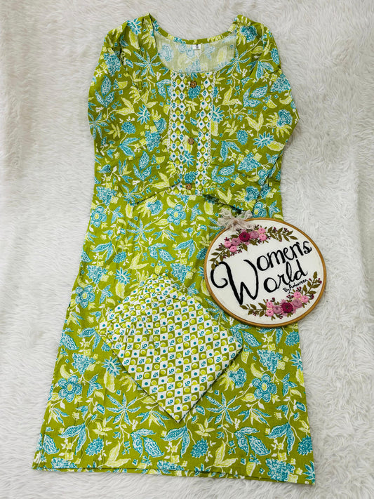 Floral green 💚 cotton kurti pant set