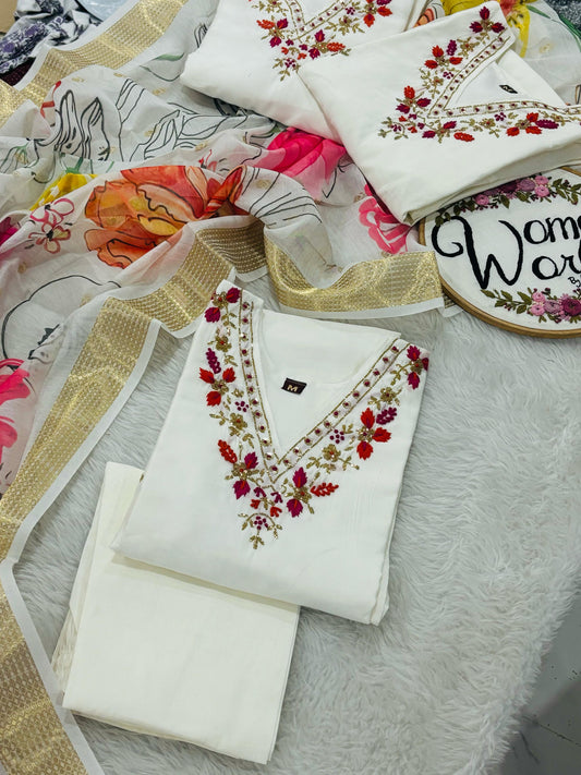 White Handwork suit with floral dupatta