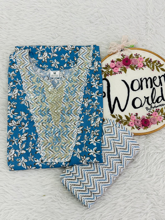 Embroidered cotton kurti pant set