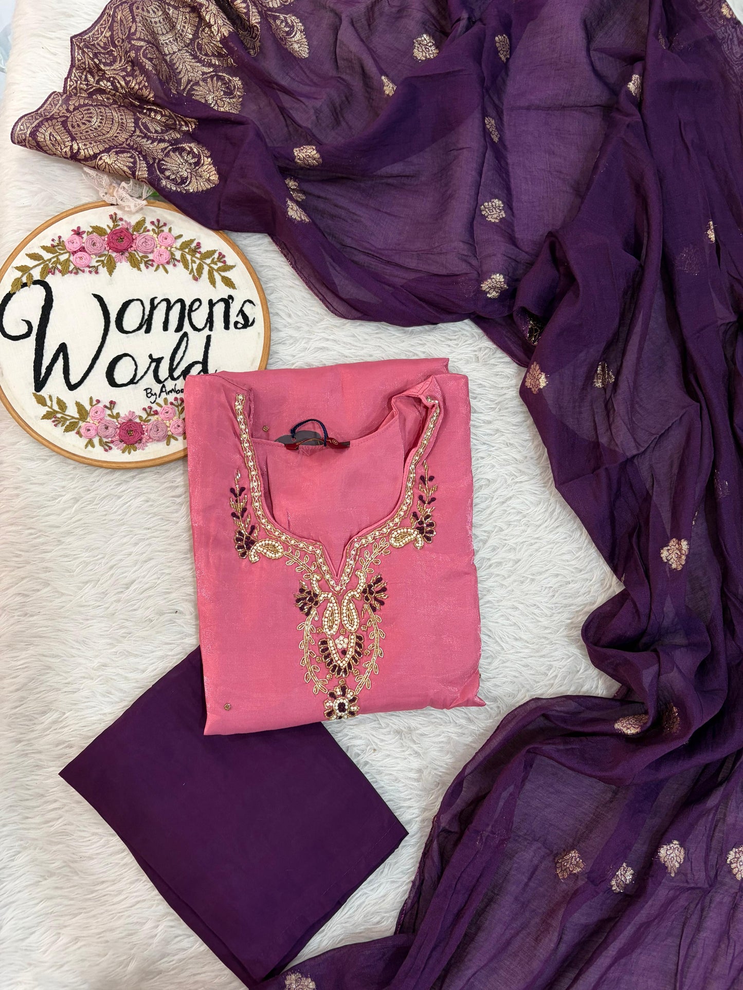 Pastel pink handwork suit with contrast banarasi dupatta