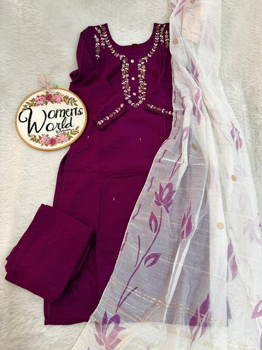 Handwork dark purple suit with brush paint dupatta