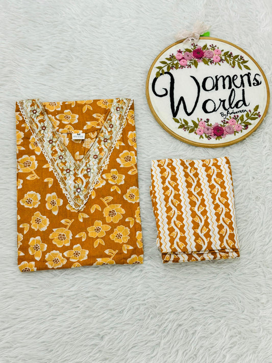 V neck embroidered cotton kurti pant set